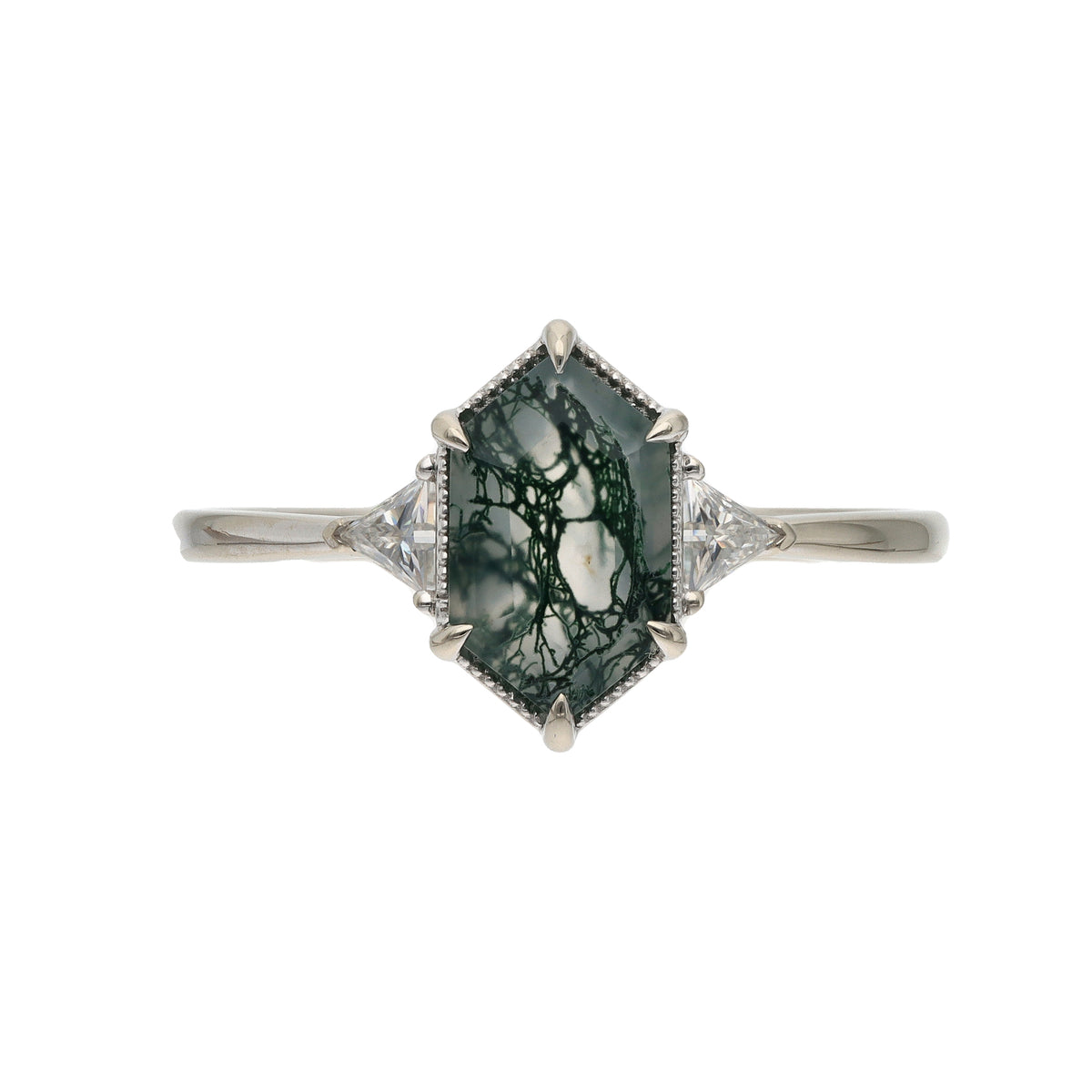 14K White Gold Moss Agate &amp; White Sapphire Contemporary Ring