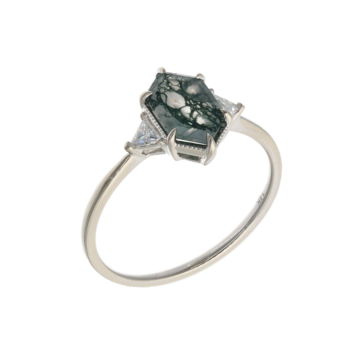 14K White Gold Moss Agate &amp; White Sapphire Contemporary Ring