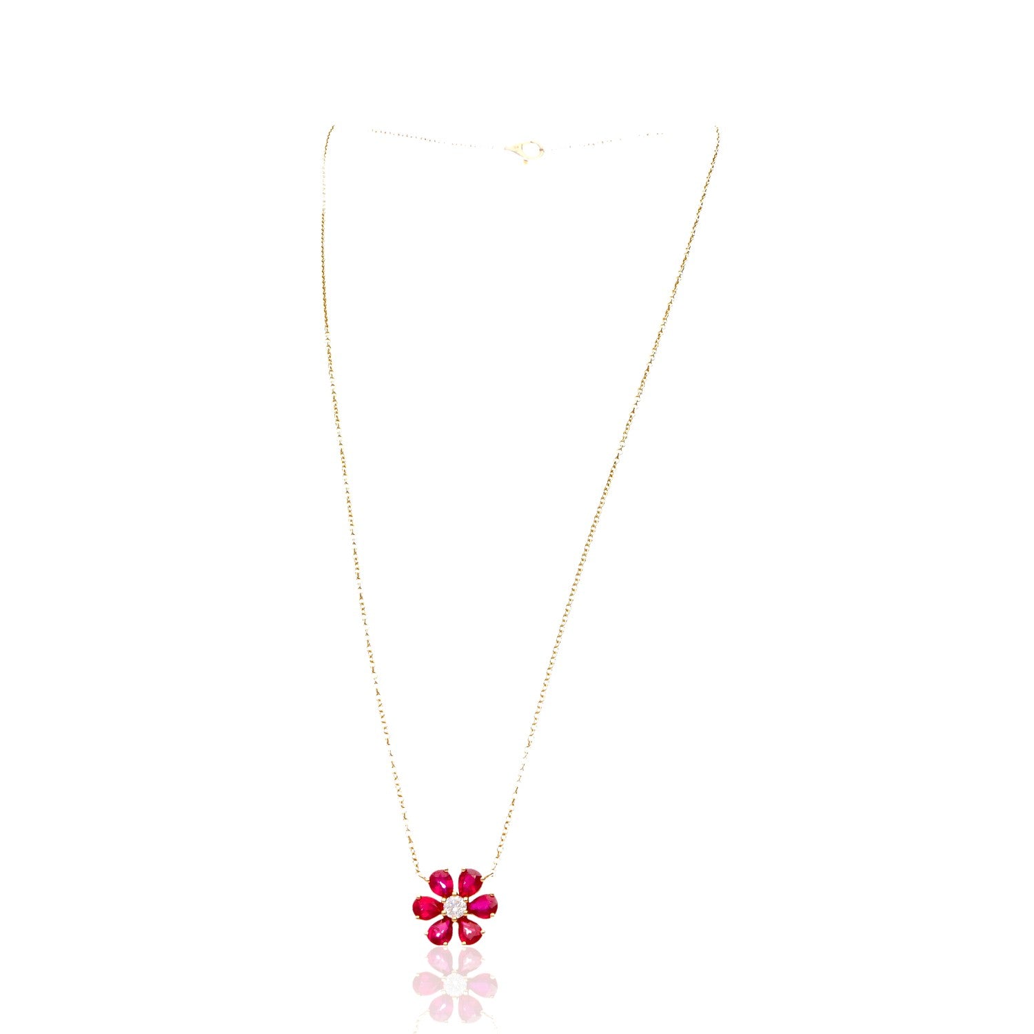 14K Yellow Gold Ruby &amp; Diamond Flower Pendant Necklace – 1.54 CTW