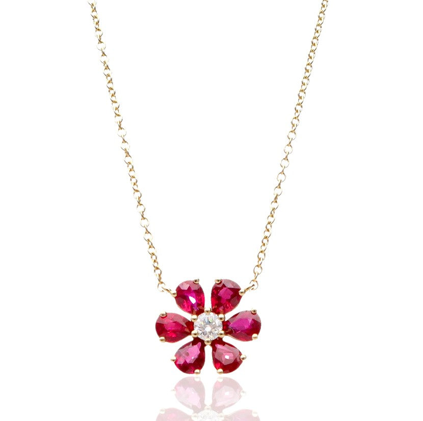 14K Yellow Gold Ruby &amp; Diamond Flower Pendant Necklace – 1.54 CTW