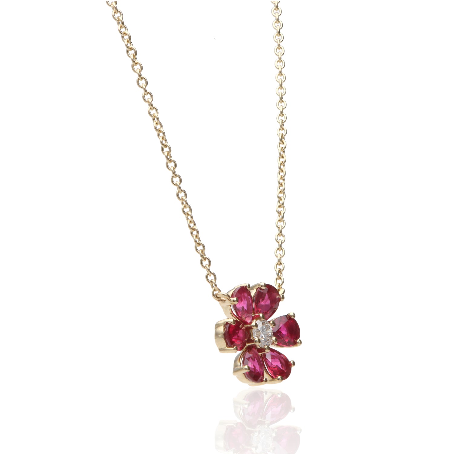14K Yellow Gold Ruby &amp; Diamond Flower Pendant Necklace – 1.54 CTW