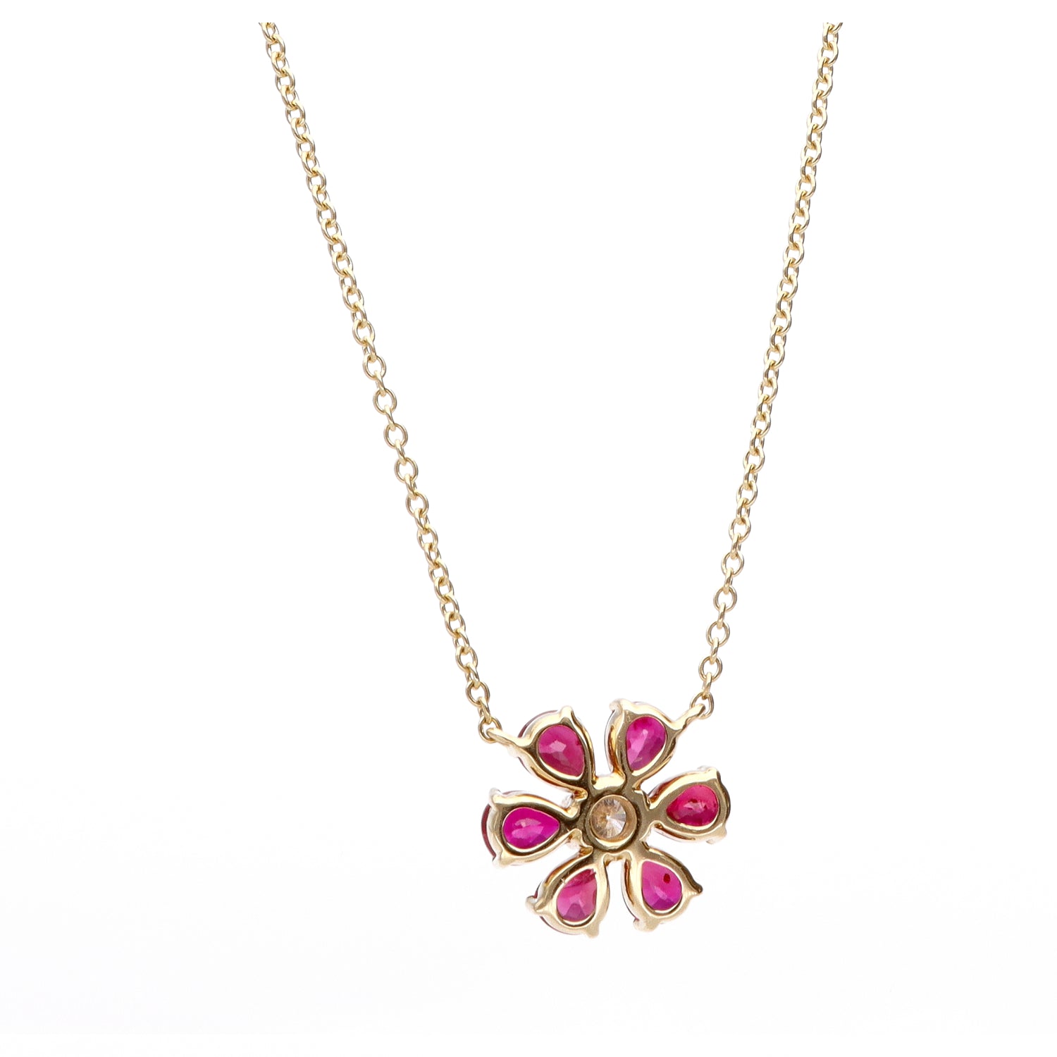 14K Yellow Gold Ruby &amp; Diamond Flower Pendant Necklace – 1.54 CTW