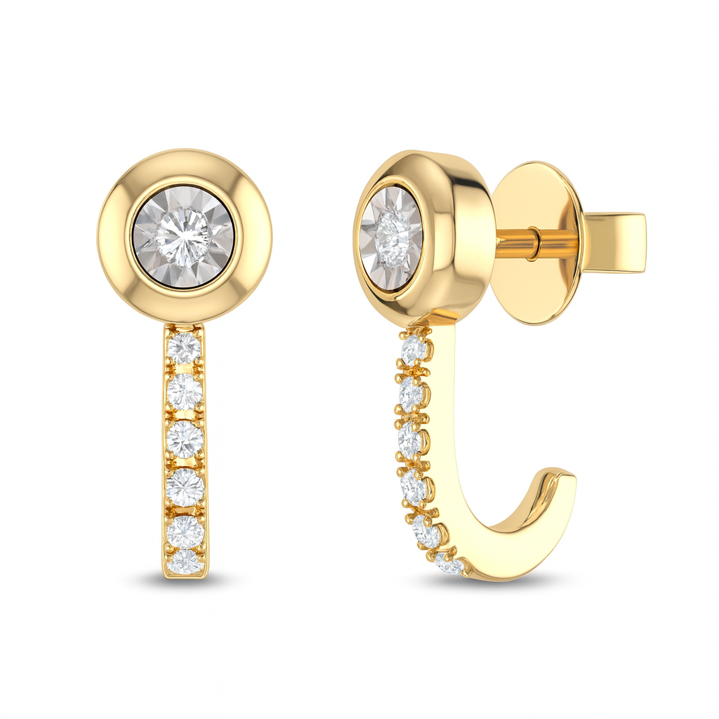 14K Yellow Gold Diamond Illusion Bezel J-Hoop Drop Earrings – .16ctw