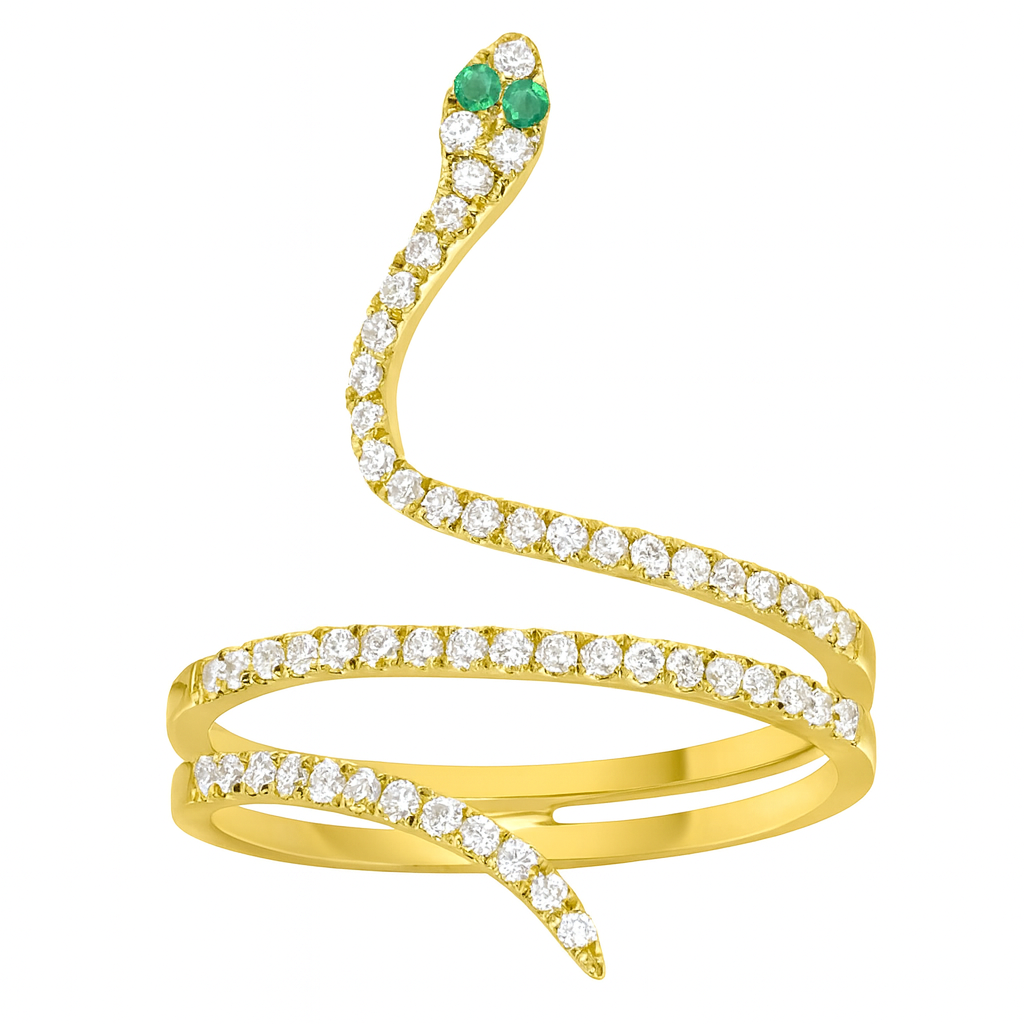 14K Yellow Gold Diamond Snake Wrap Ring with Emerald Eyes – .32ctw