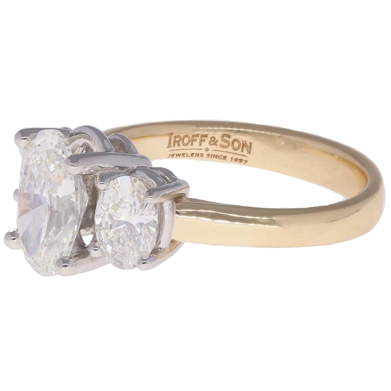 Gold 3-stone diamond engagement ring on a white background, featuring the Iroff &amp; Son logo.