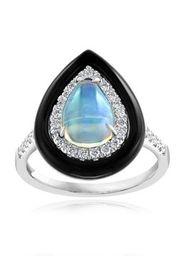 14K White Pear Opal, Black Onyx, and Diamond Halo Ring