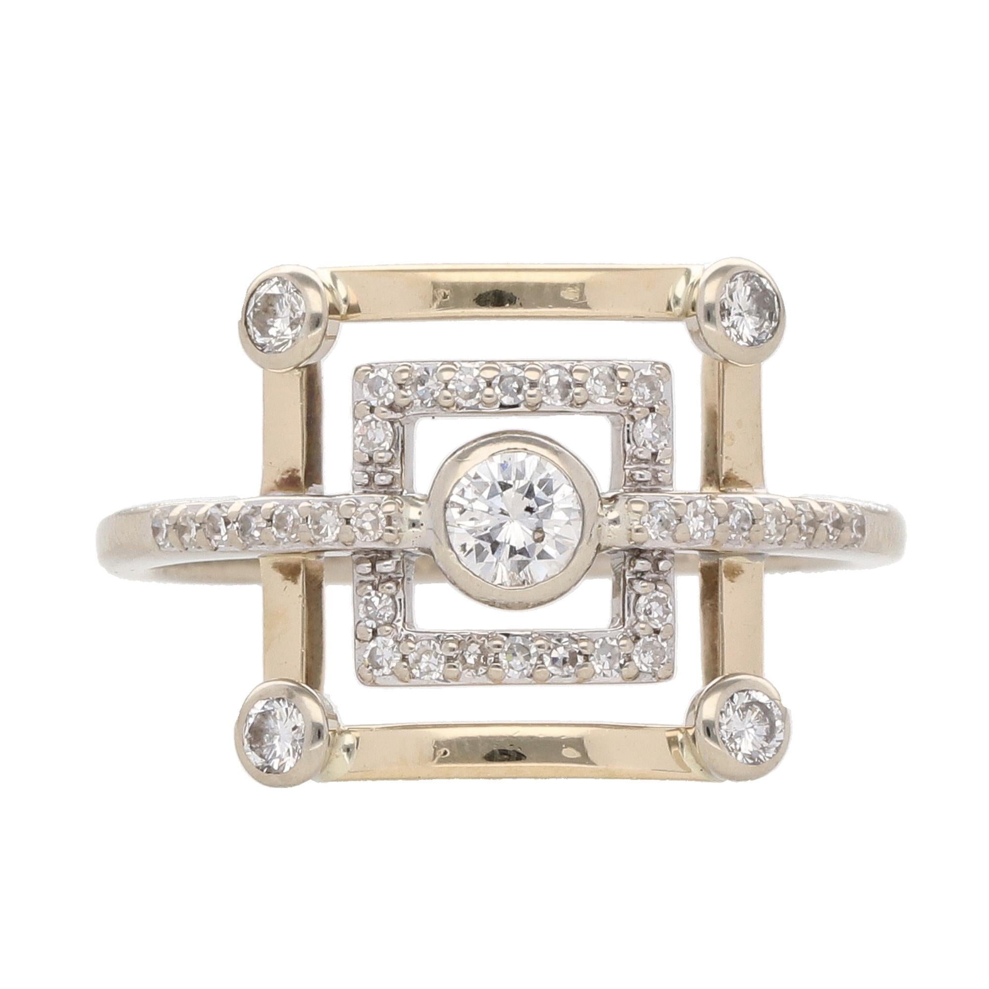 14K Gold Two Tone Geometric Square Ring