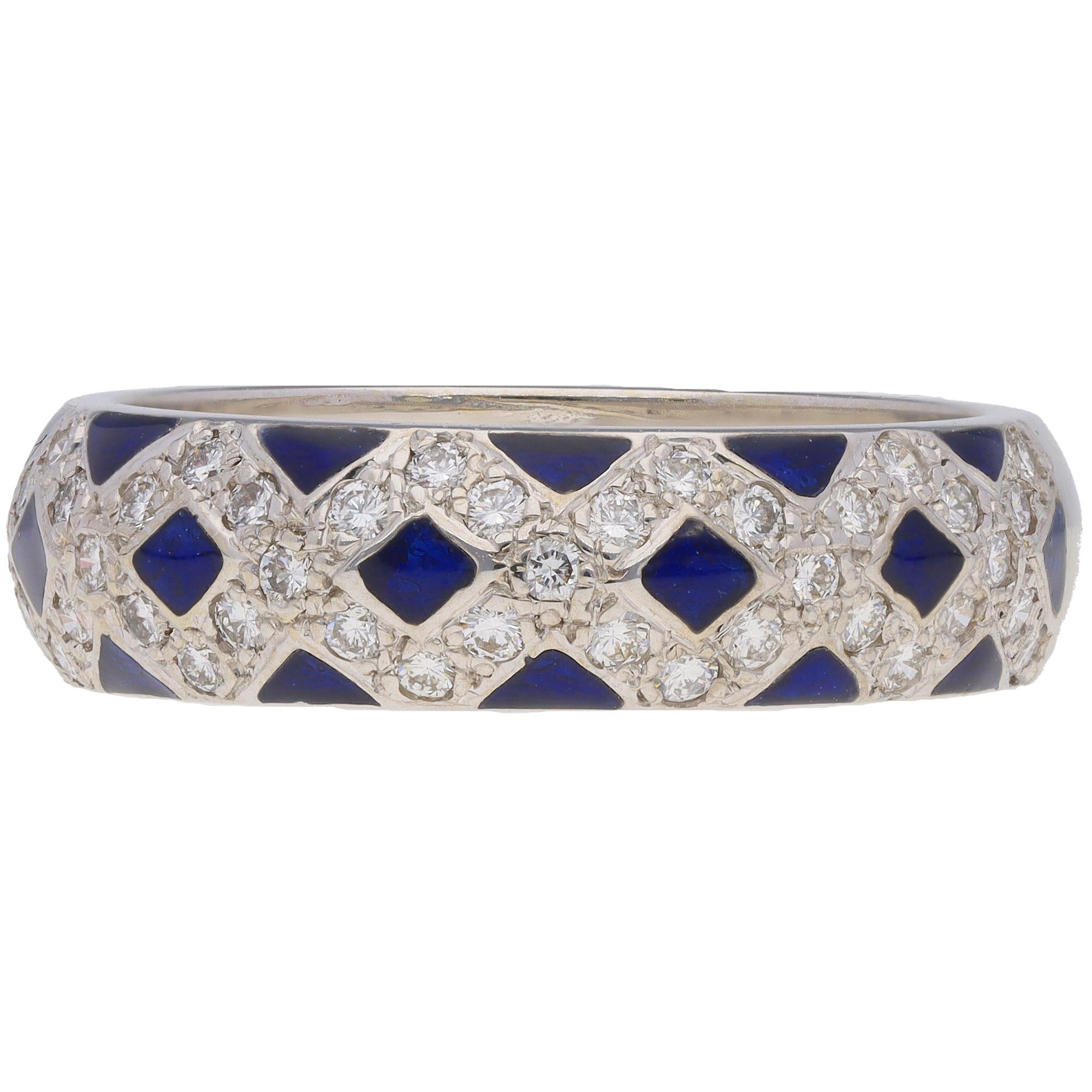 18K White Vintage Blue Enamel and Diamond Band