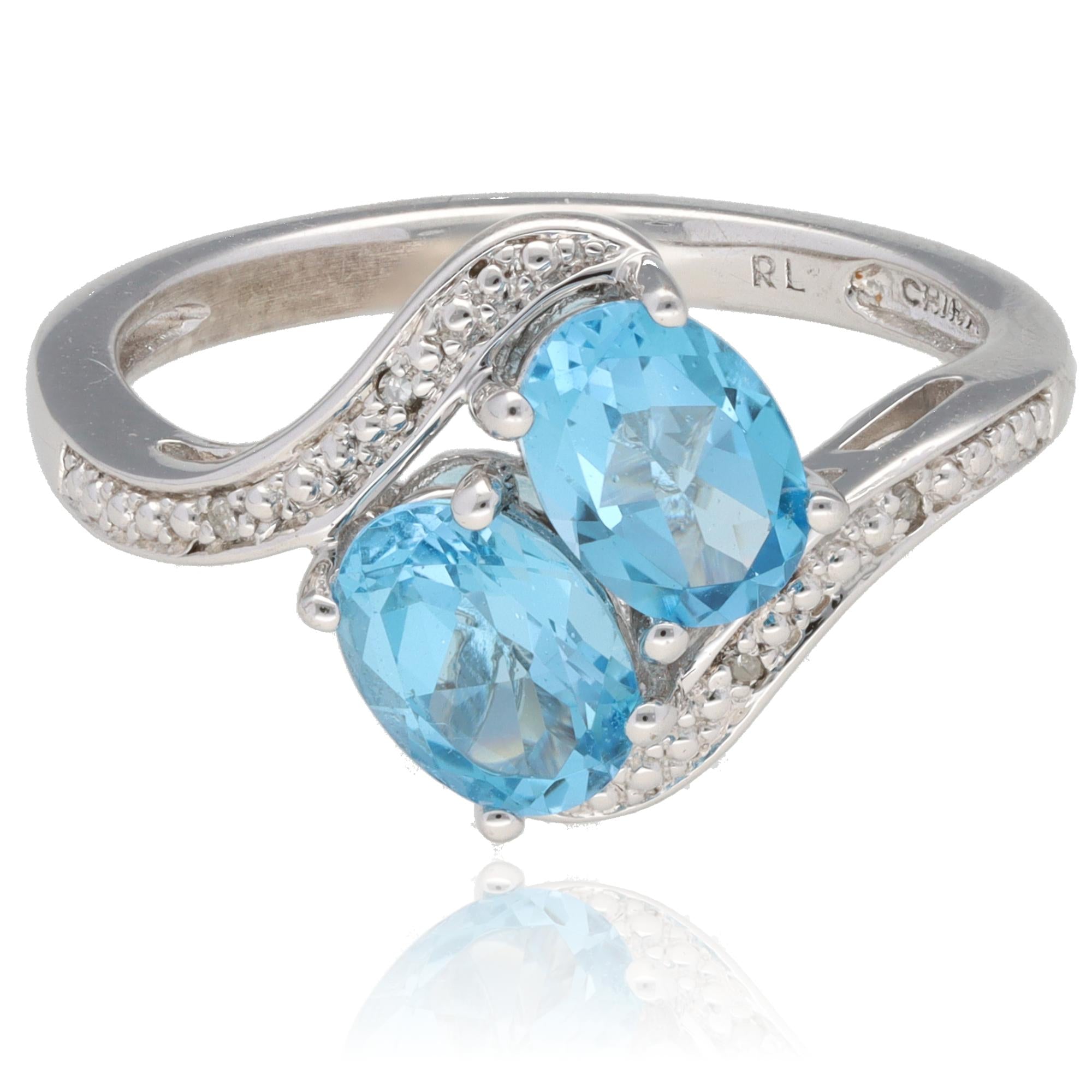 14K White Two Oval Blue Topaz Bypass Ring
