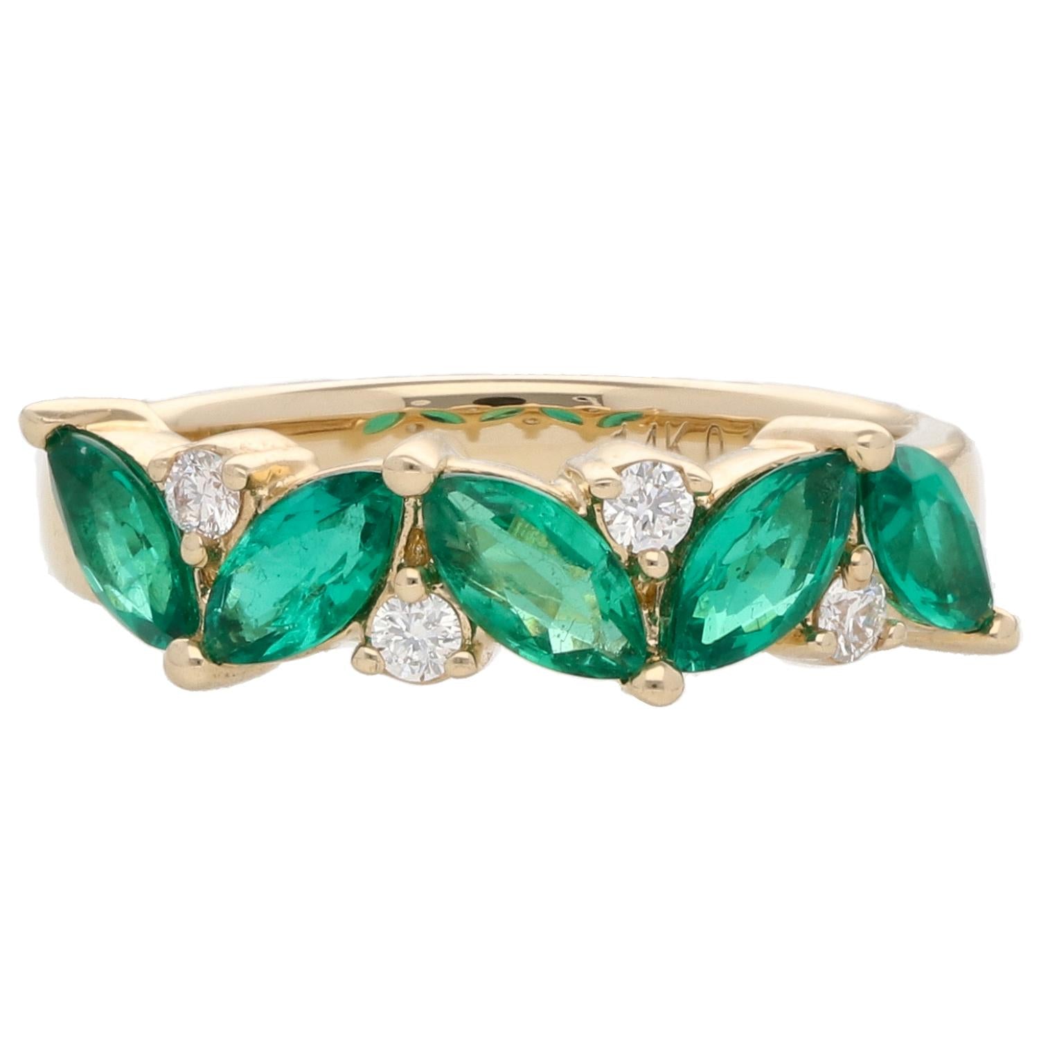14K Yellow Gold Marquise Emerald and Diamond Band Ring