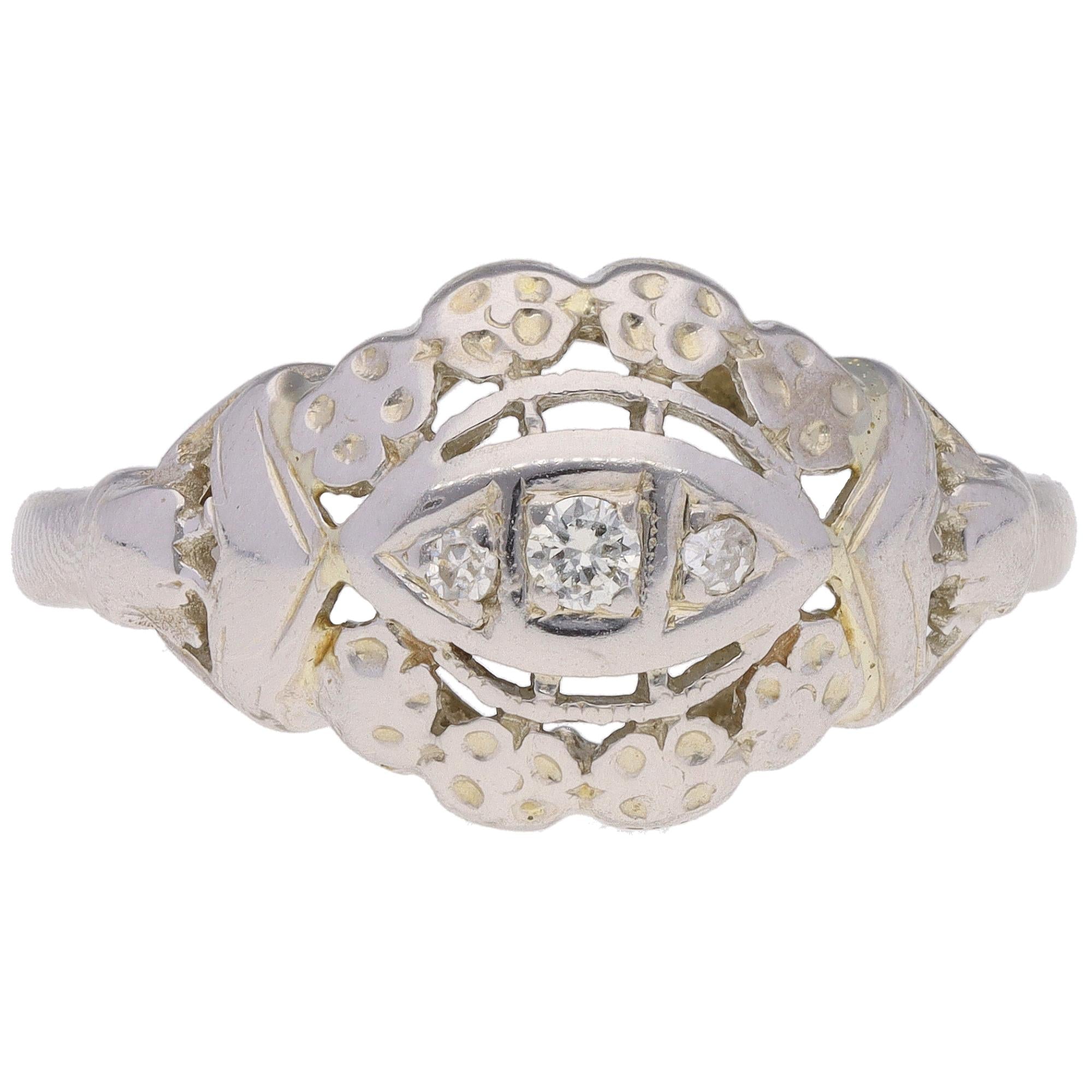 4K White Vintage Art Deco Motif Diamond Ring .05CTW Round G-I SI1 2.3g Size 6.5