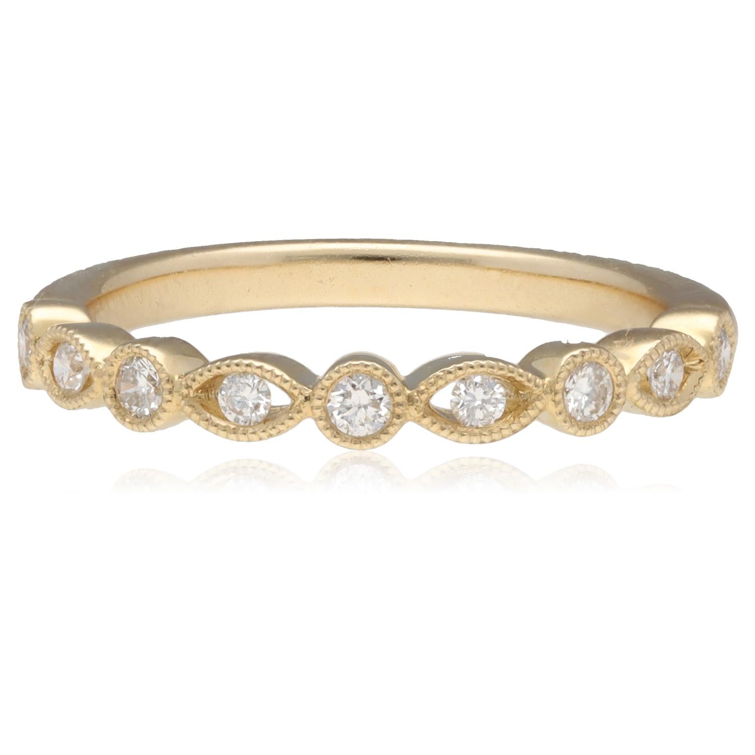 14K Yellow Gold Diamond Milgrain Band .19ctw Vintage Style Size 6 Ring  2.1gram
