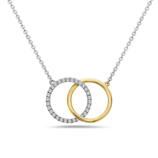 14K Two Tone Double Circle Diamond Pendant .23ct SI 18in Adjustable Chain