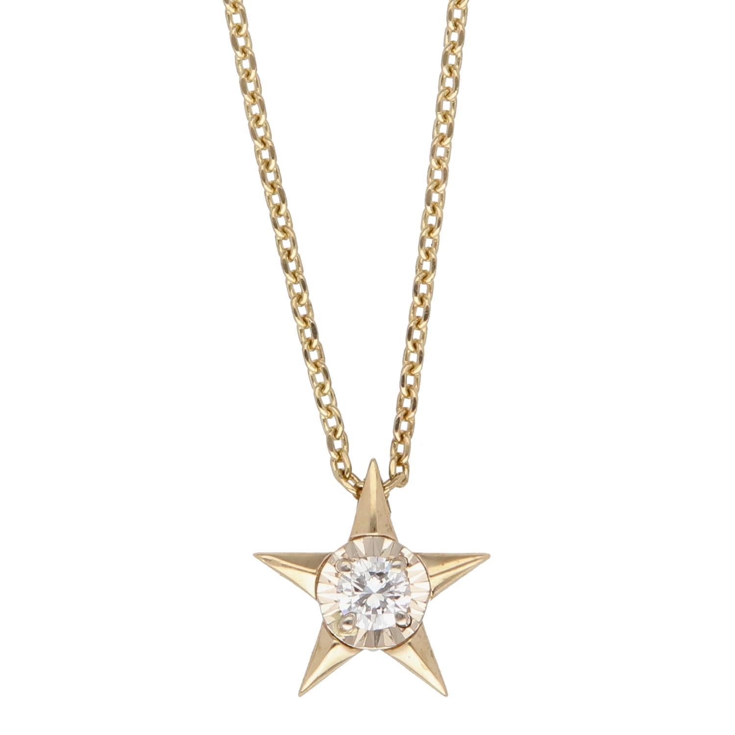 14K Yellow Gold Star Diamond Pendant Necklace .17ct SI1 17in Elegant