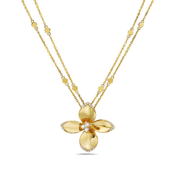 14K Yellow Gold Four Petal Diamond .23tw Flower Pendant on Double Fancy Link Chain 18"