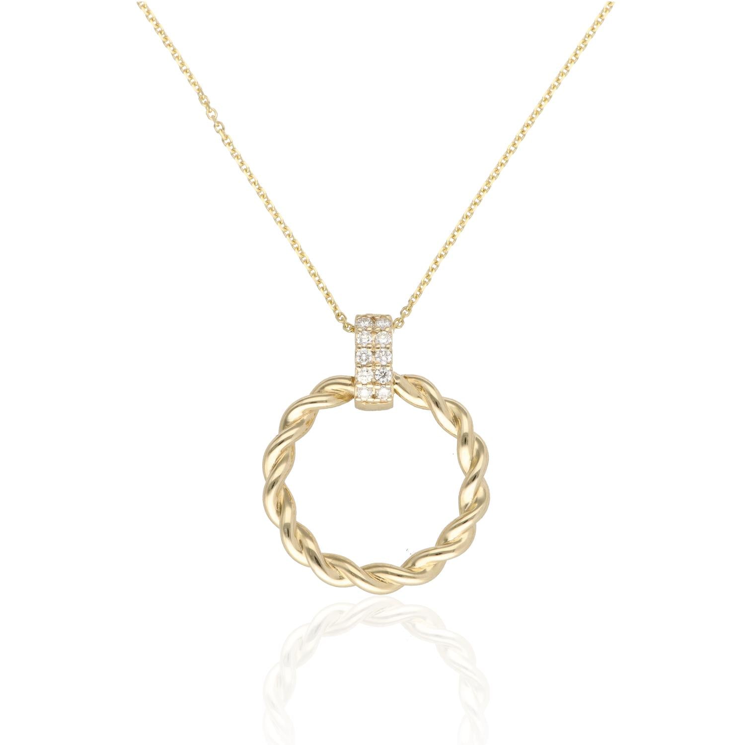 14K Yellow Gold Twisted Circle Pendant Diamond Pave Bail 18in Elegant