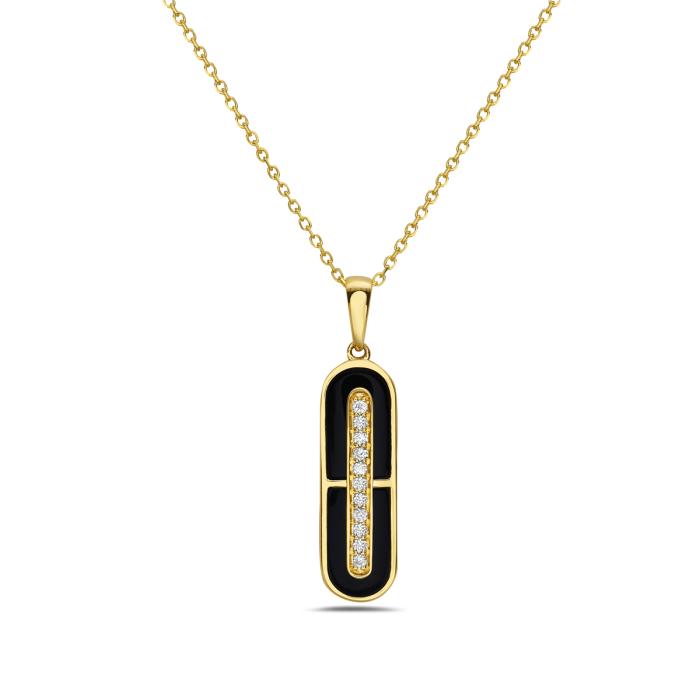 14K Yellow Gold Onyx Diamond Art Deco Pendant .05ctw 18in Elegant Chic