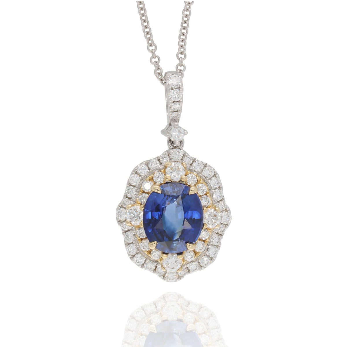 14K White 1.92ct Oval Sapphire and Double Diamond Halo Pendant