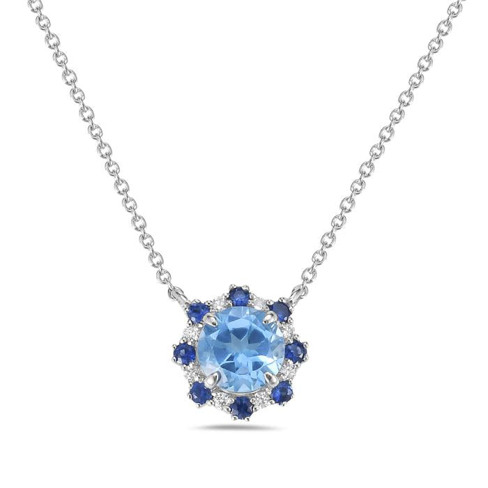 14K White Gold Blue Topaz Diamond Sapphire Pendant 18in Elegant Charm