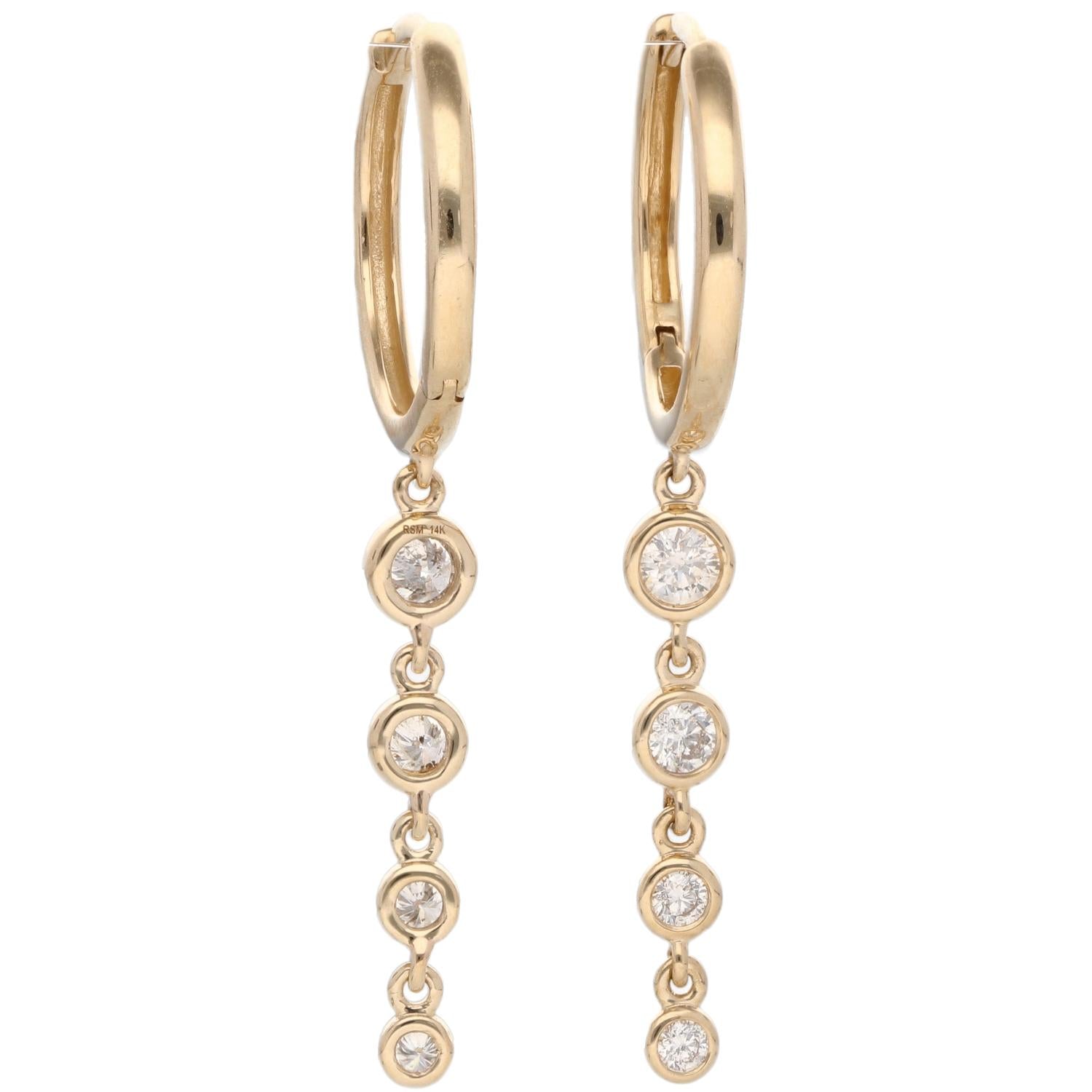 14K Yellow Gold Diamond Dangle Hoop Earrings Bezel Set Elegant Modern