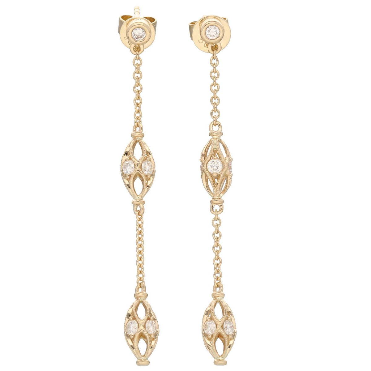14K Yellow Gold Diamond Bar Chain Drop Earrings .63ctw Dangle Elegant