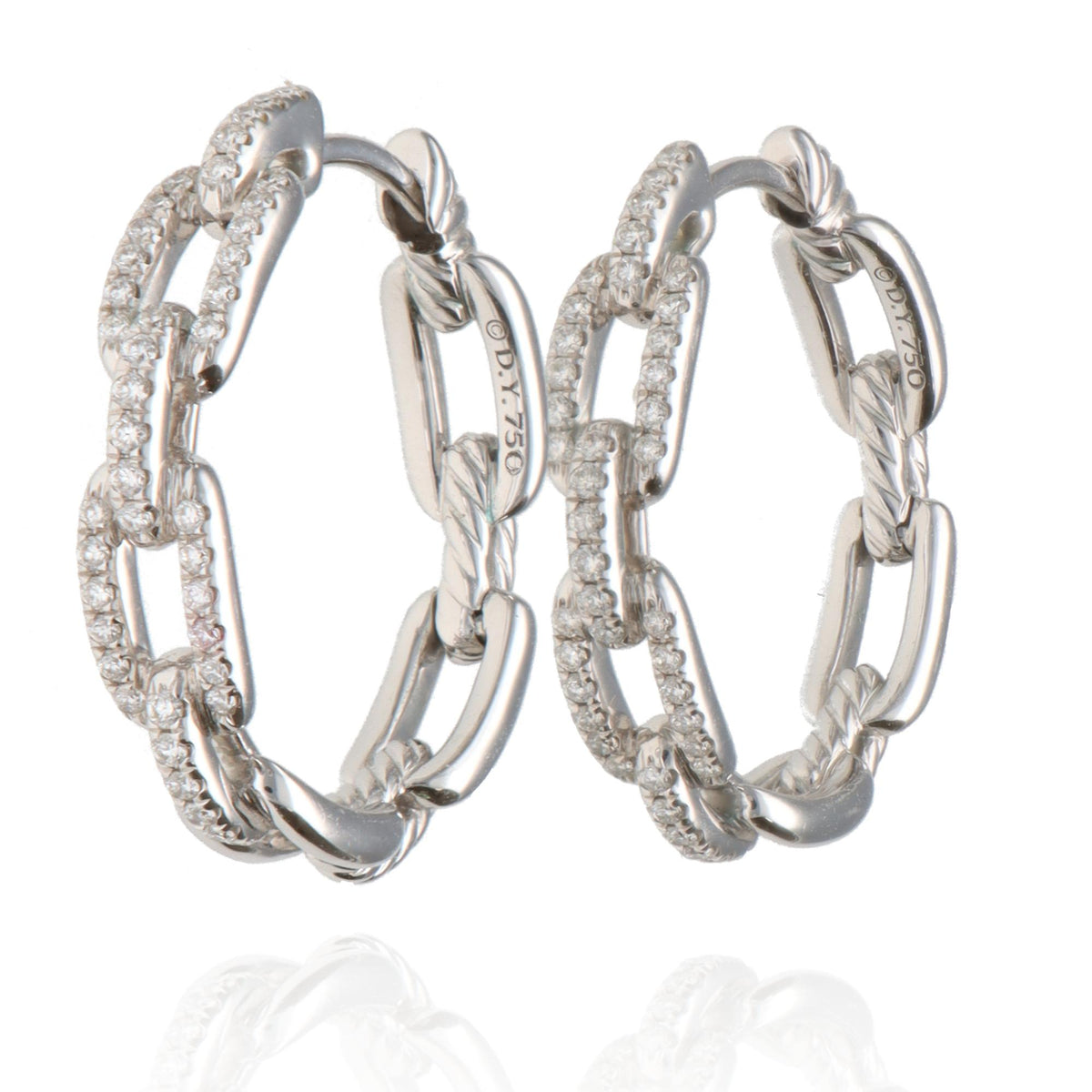 David Yurman 18K White Gold Stax Diamond Chain Link Hoop Earrings