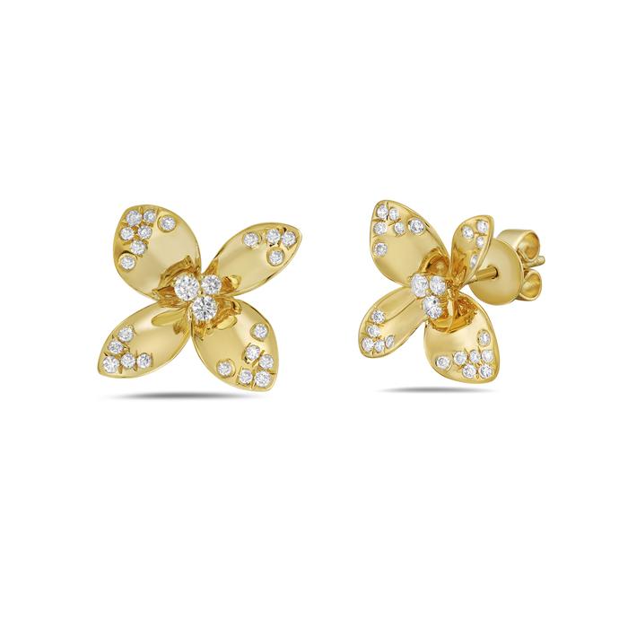14K Yellow Gold Four Petal .27ctw Diamond Flower Stud Earrings