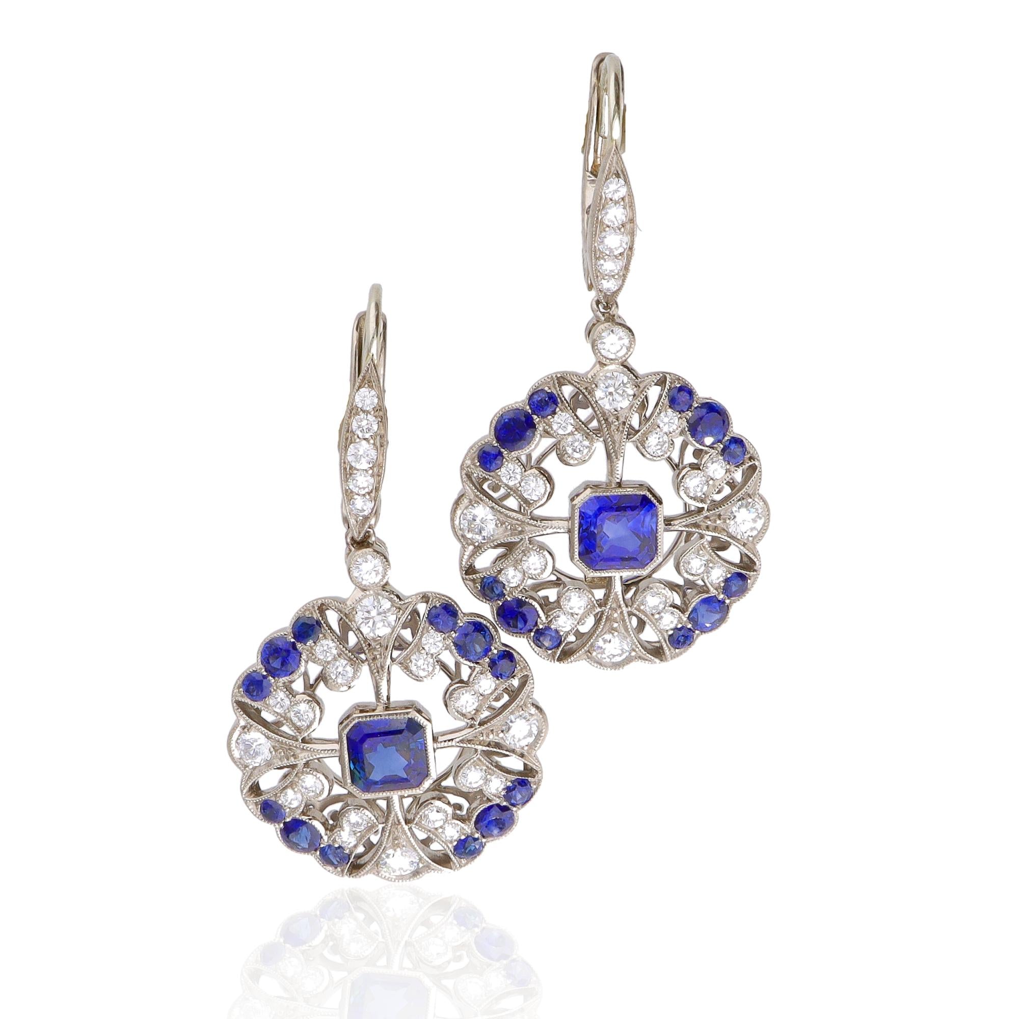 18K White Gold Art Deco Sapphire &amp; Diamond Drop Earrings – 2.01 CTW Sapphires