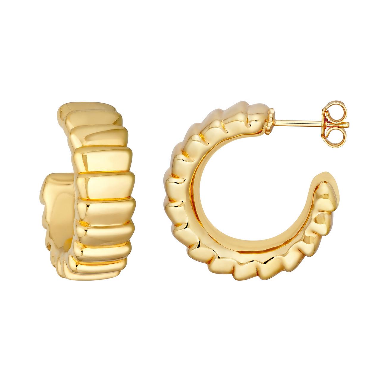 14K Yellow Gold Puffed Corrugated Open Hoop Earrings