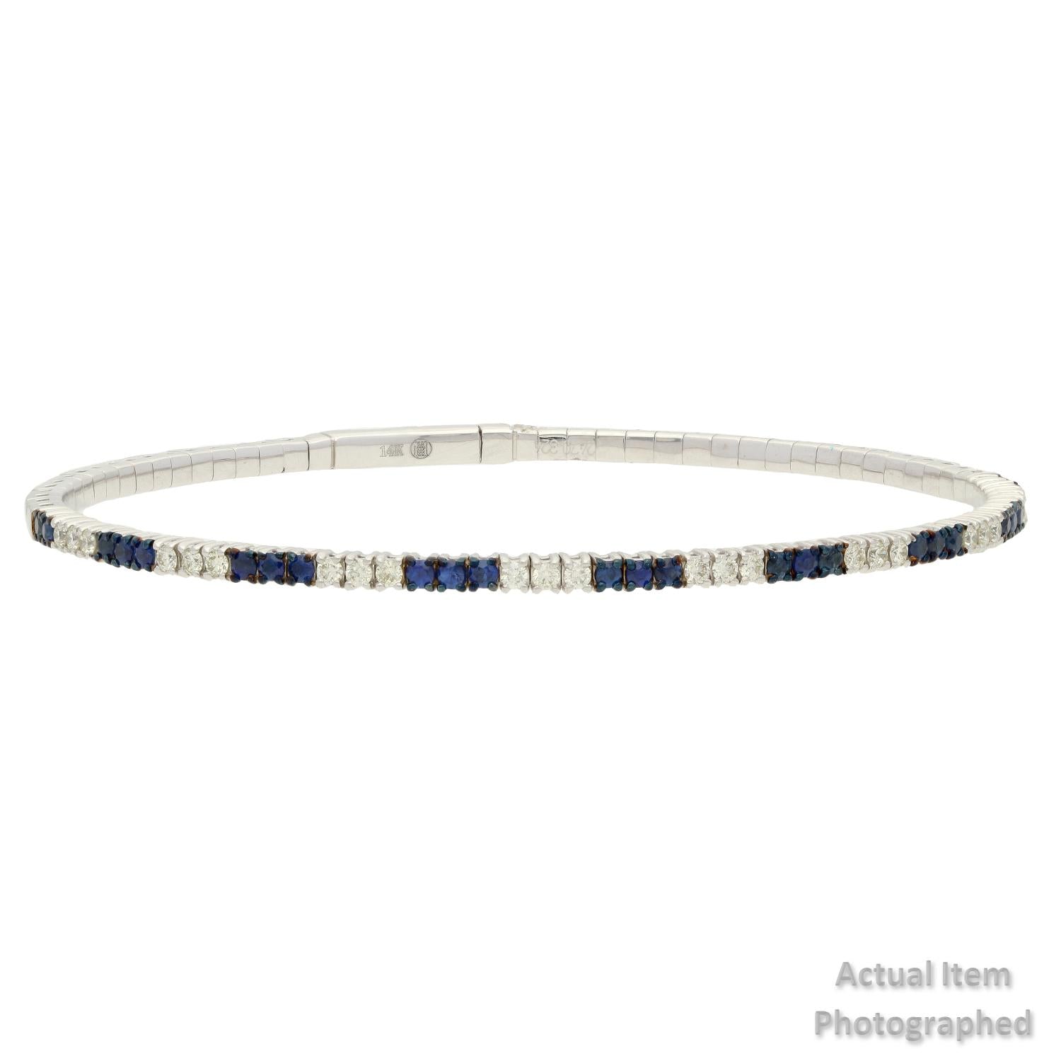 14K White Gold Diamond Blue Sapphire Flex Bangle .42ct .70ct Elegant
