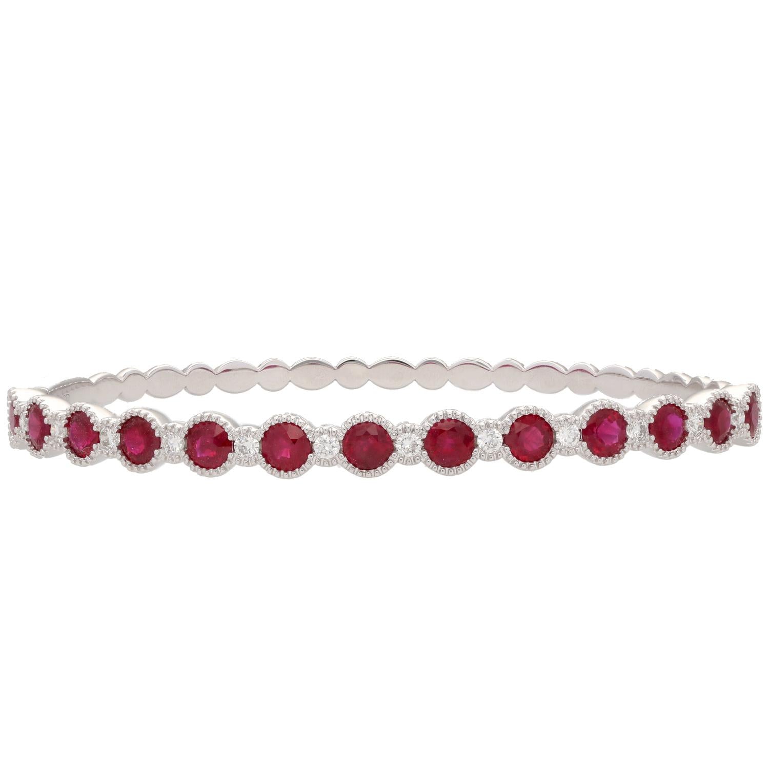 14K White Gold Ruby &amp; Diamond Bubble Milgrain Bangle