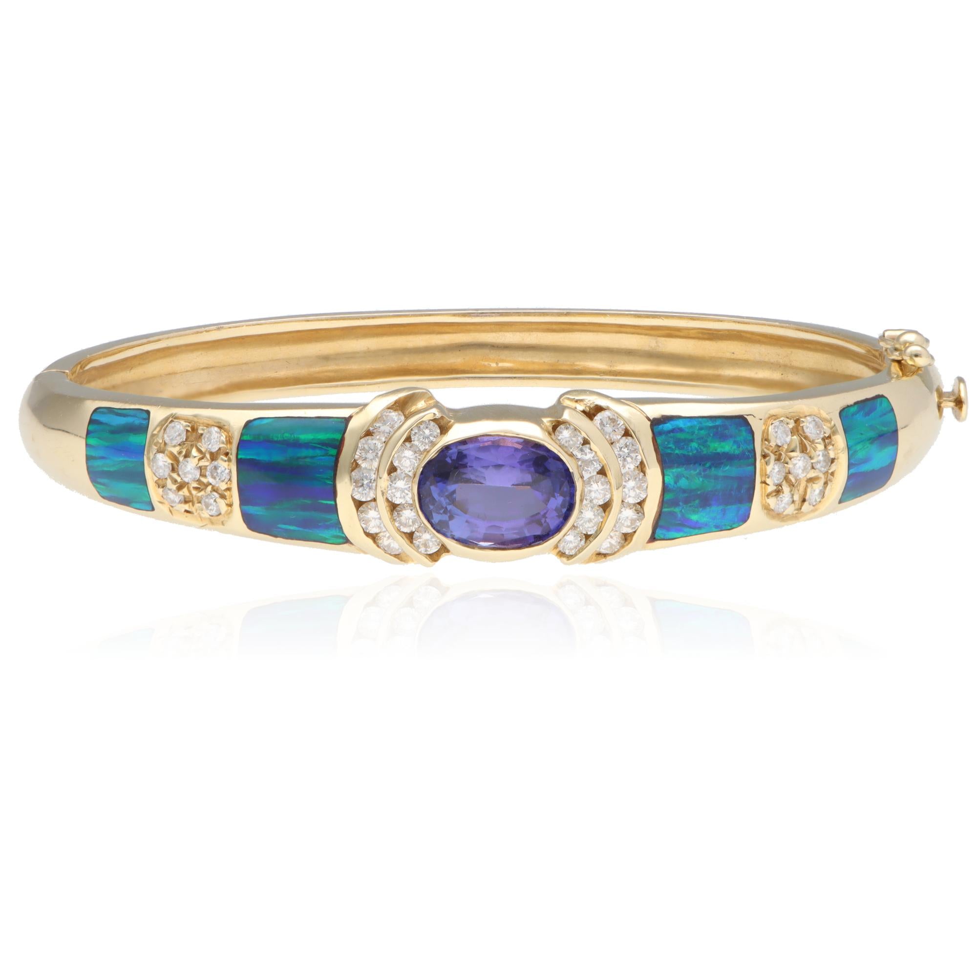 Vintage 14K Yellow Gold Tanzanite, Opal &amp; Diamond Bangle Bracelet