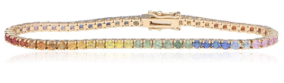14K Yellow Gold Rainbow Sapphire Ombre Bracelet 7in 8.1g Vibrant Luxe
