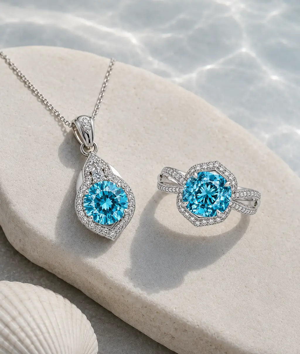14KW Blue Zircon necklace and earrings