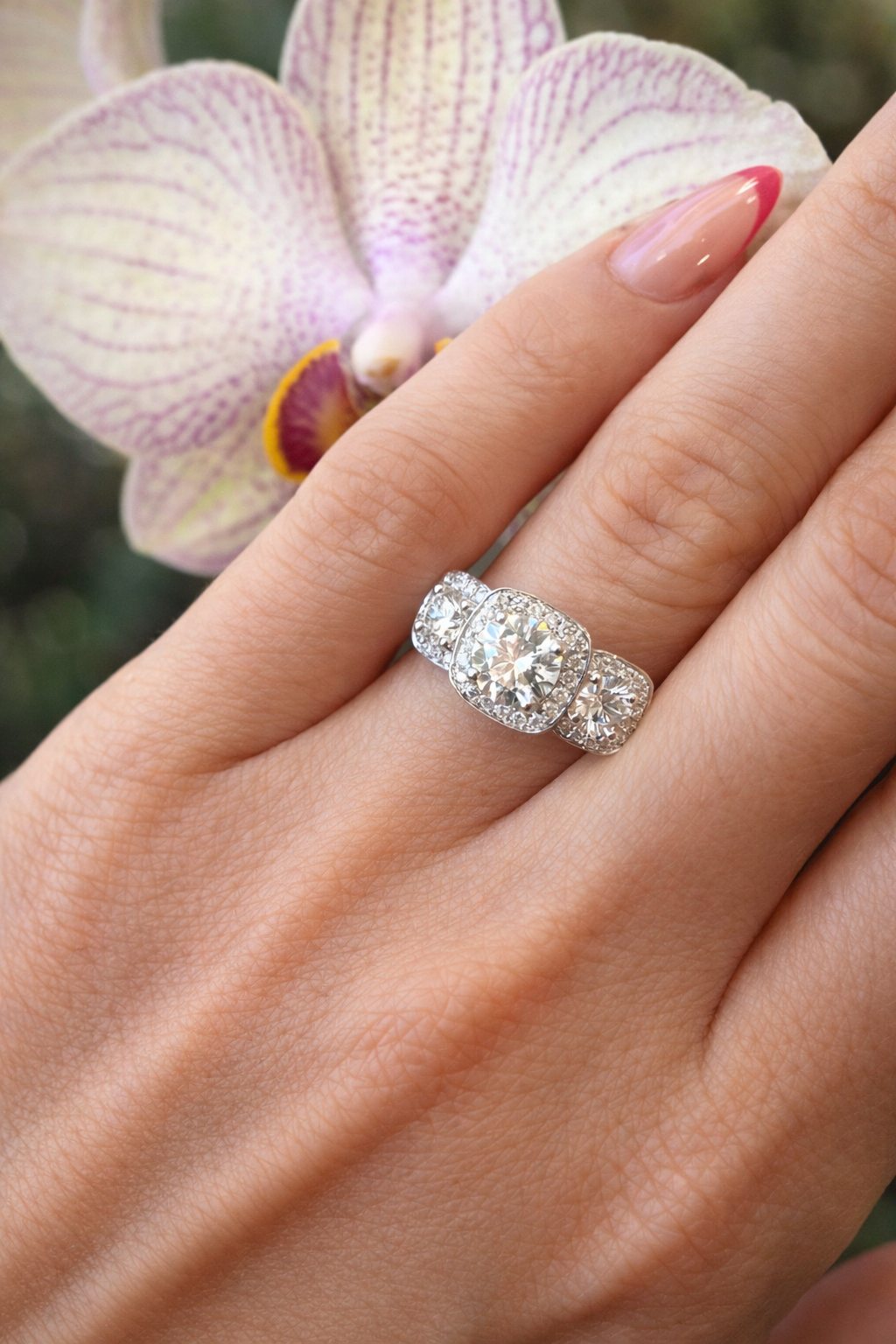 Three Stone Halo Diamond Ring