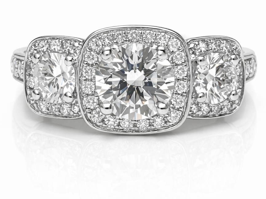 Three Stone Halo Diamond Ring