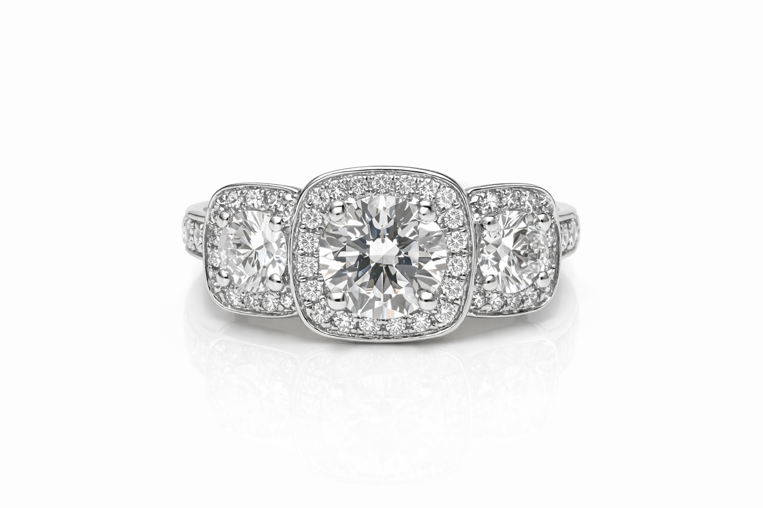 Three Stone Halo Diamond Ring
