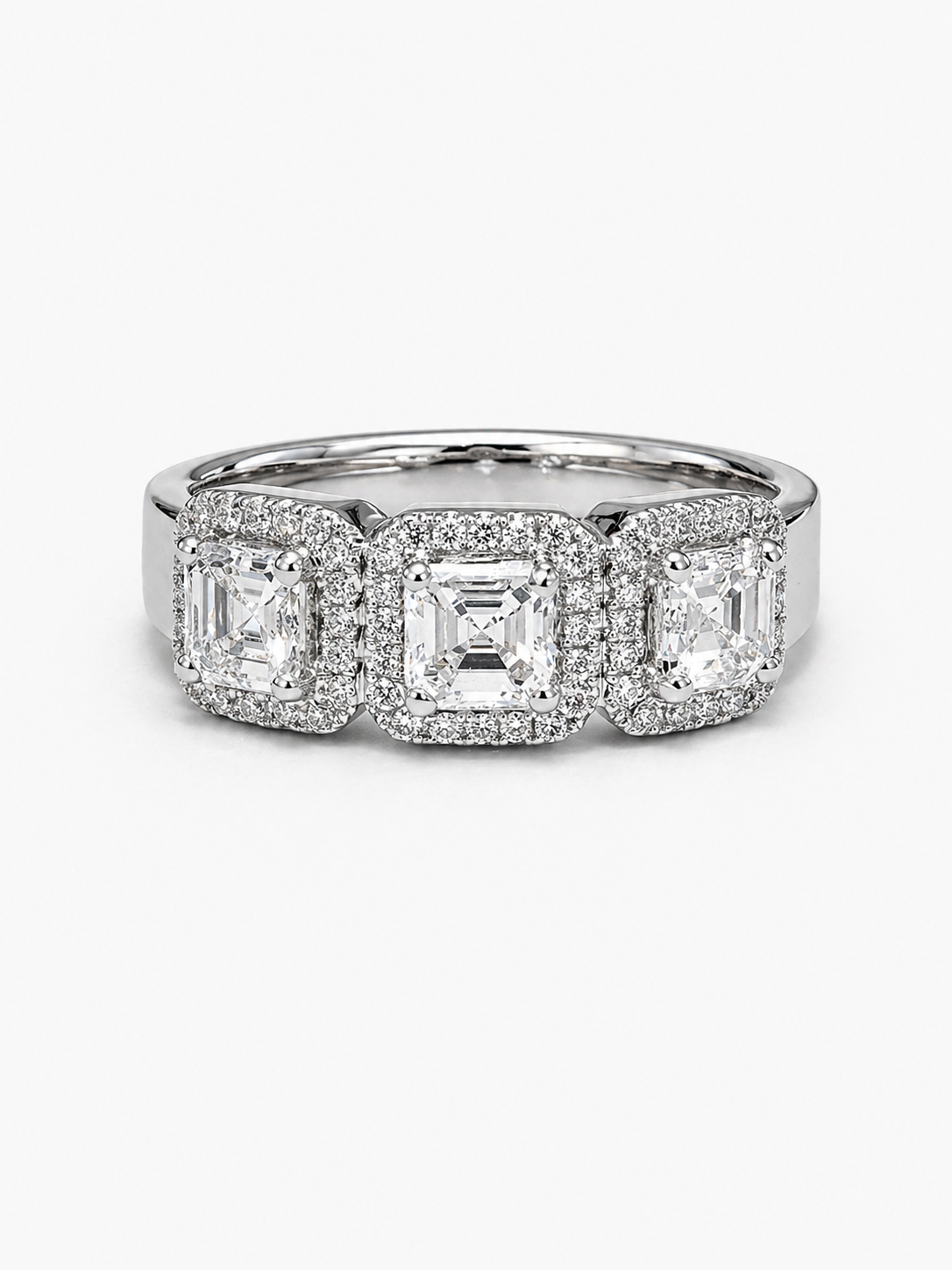 Three Stone Asscher Cut Halo Diamond Ring