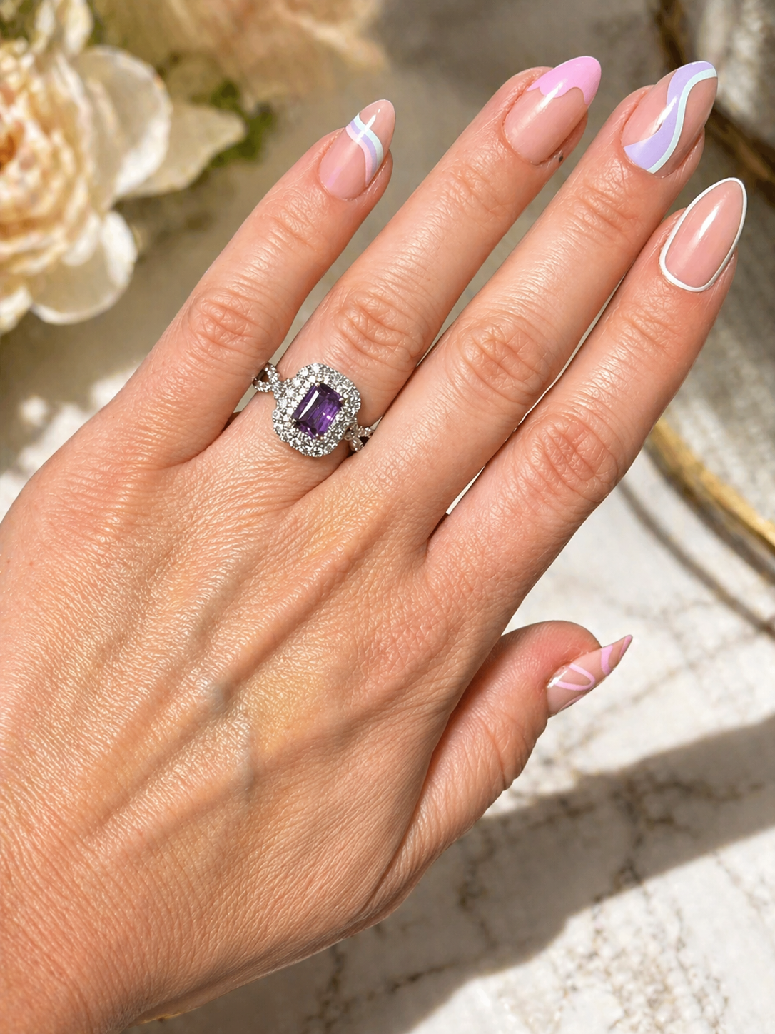 Purple Sapphire Diamond Halo Ring