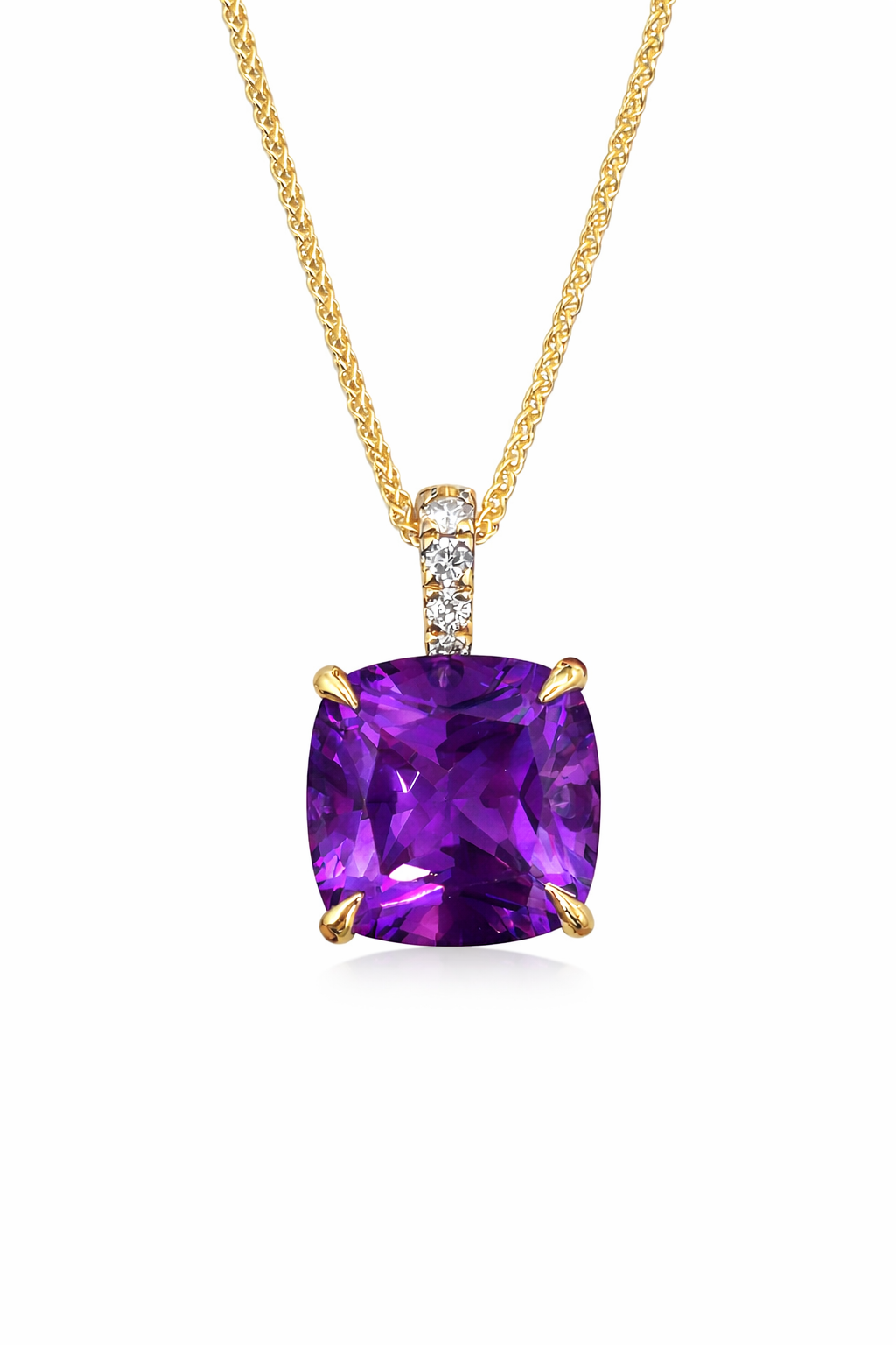 10K Yellow Gold Cushion Amethyst Diamond Pendant 12mm .12ctw Elegant 1.5-1.5