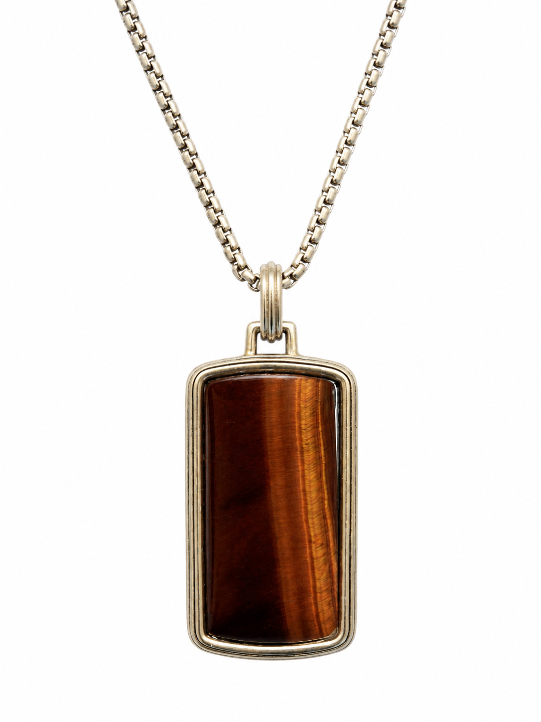 Sterling Silver Tiger Eye Tag Pendant Necklace on 18" Rounded Box Chain