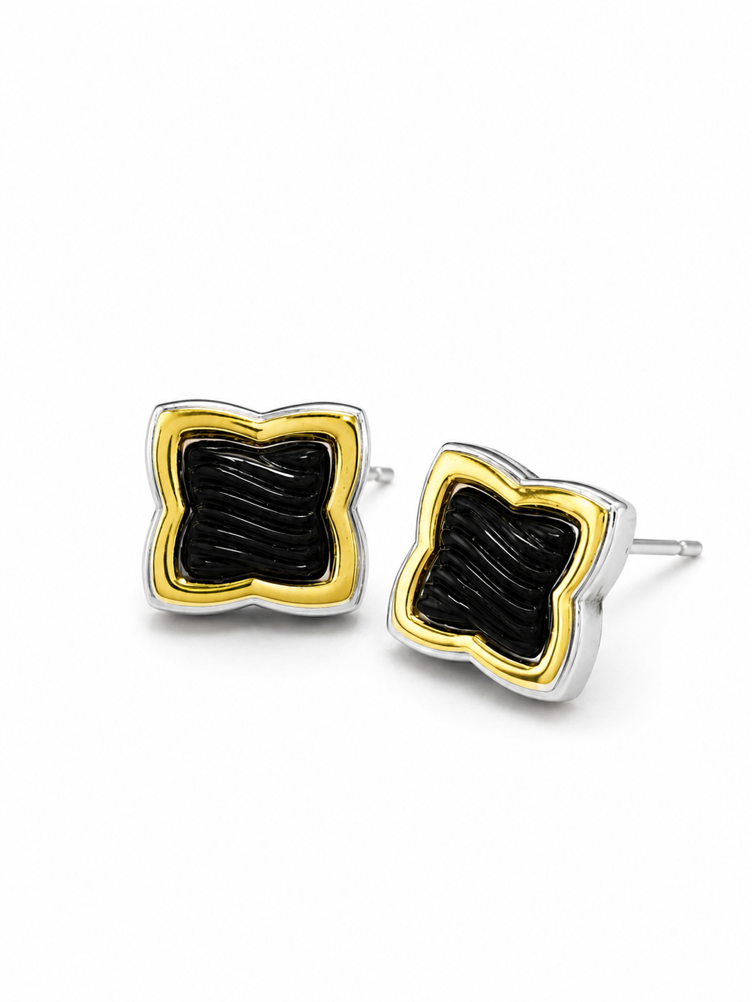 Pre-Owned David Yurman Quatrefoil Onyx Stud Earrings in Sterling Silver &amp; 18K Yellow Gold