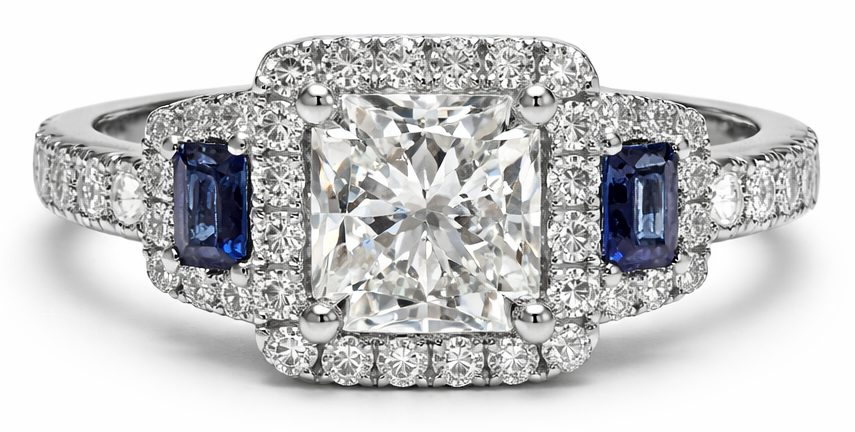 Radiant Diamond and Sapphire Halo Ring