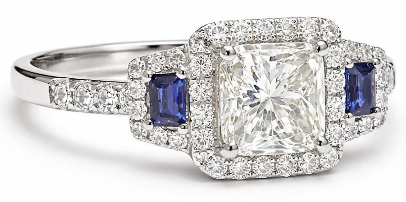 Radiant Diamond and Sapphire Halo Ring