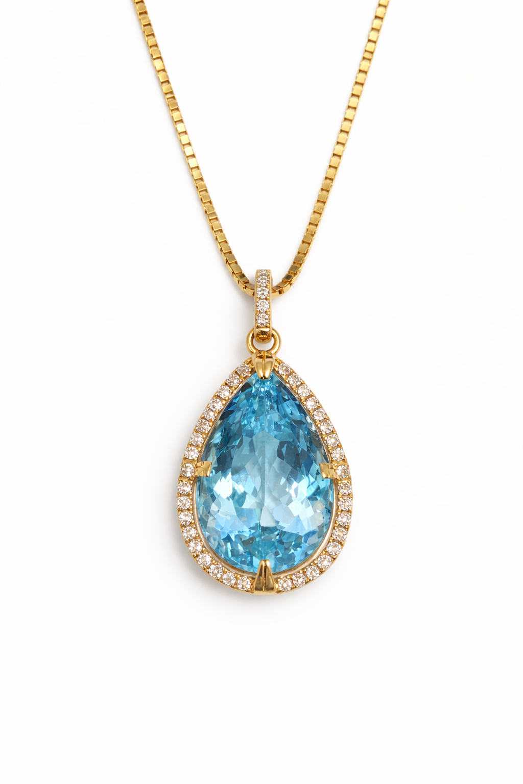 14K Yellow Gold Aquamarine Diamond Pendant 20.39ct Pear Art Deco Style