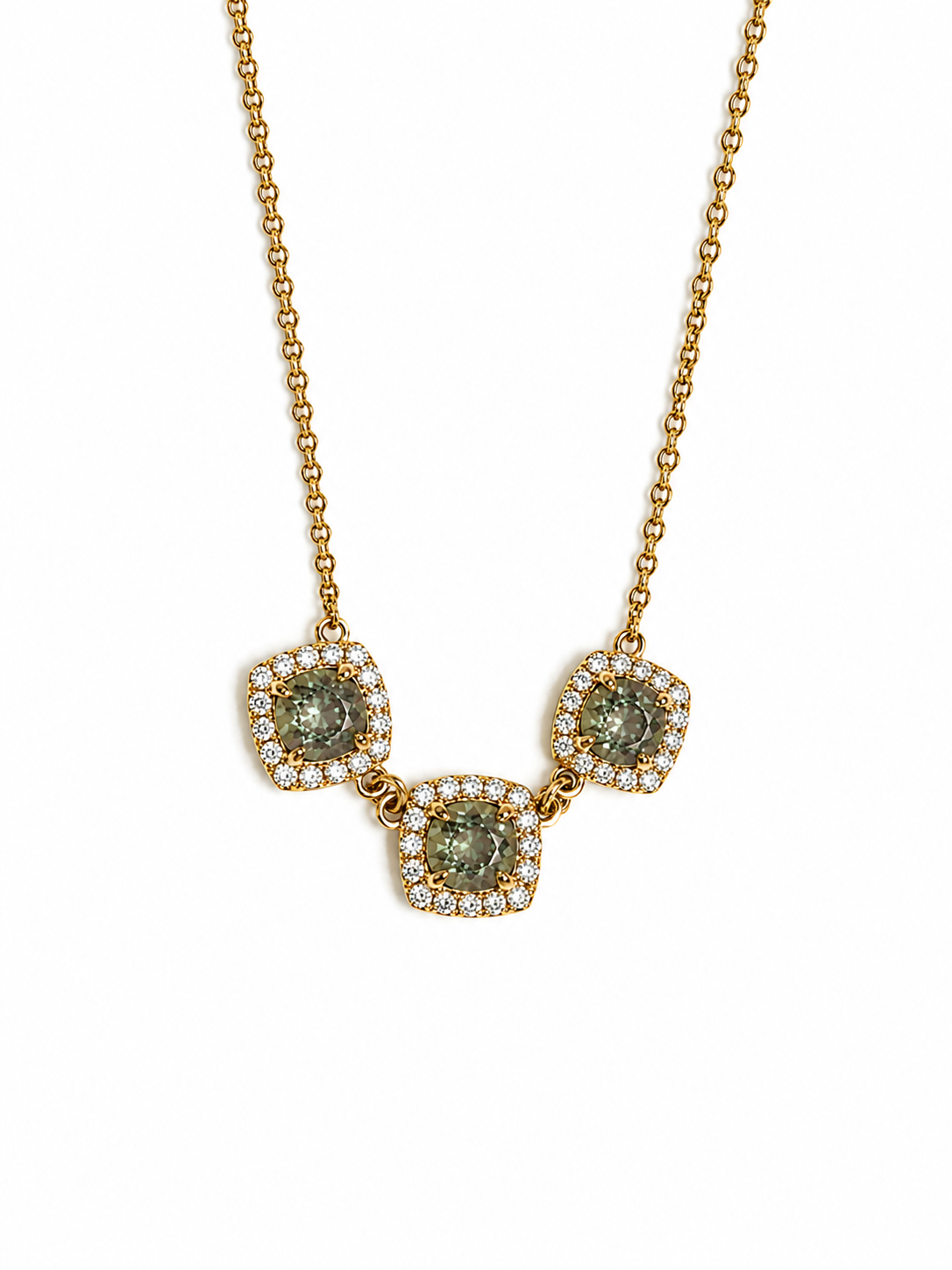 14K Yellow Gold Triple Alexandrite and Diamond Halo Necklace