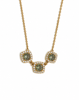 14K Yellow Gold Triple Alexandrite and Diamond Halo Necklace