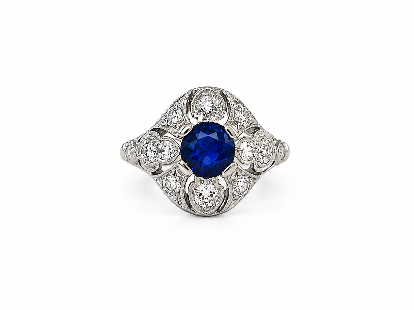 Edwardian Platinum Sapphire and Old European Cut Diamond Filigree Ring