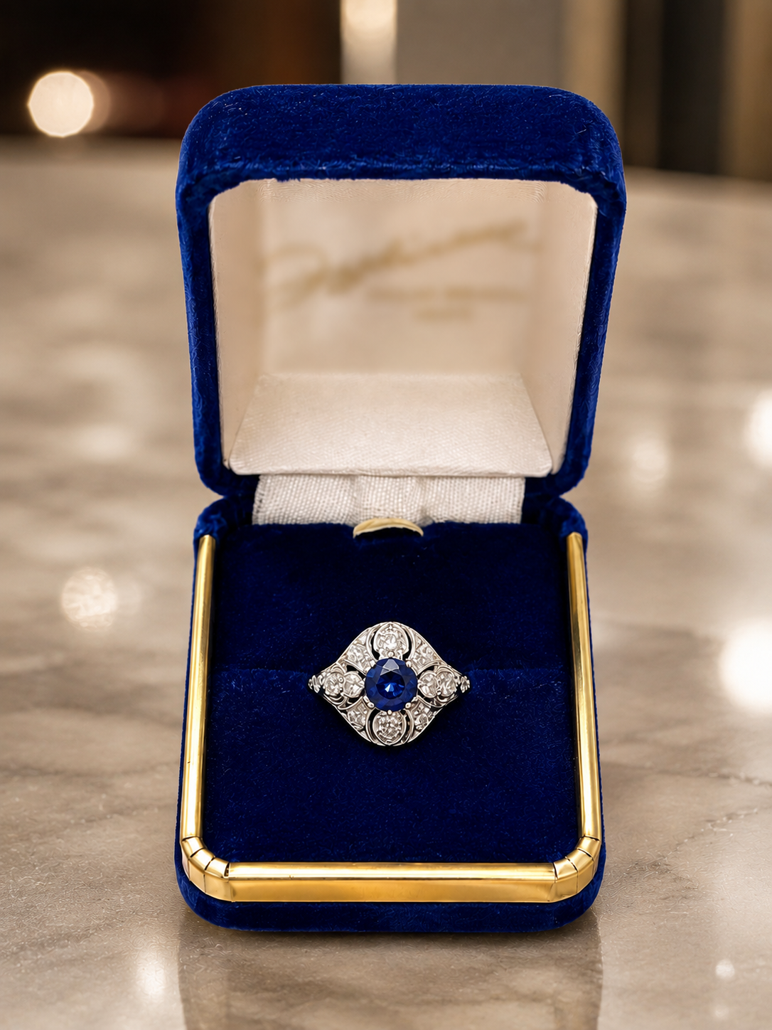 Edwardian Platinum Sapphire and Old European Cut Diamond Filigree Ring