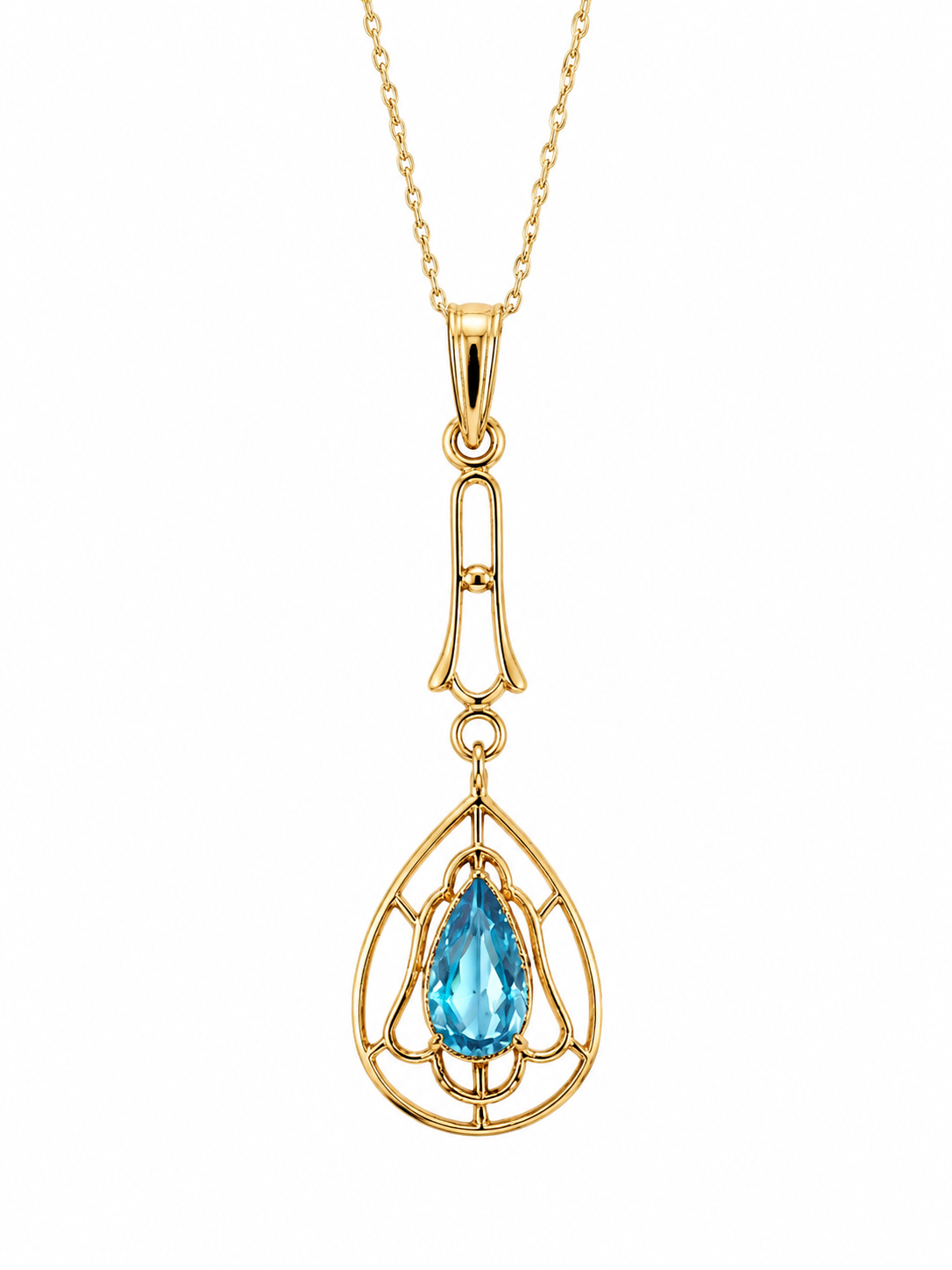 14K Yellow Gold Vintage Blue Topaz Pendant Necklace